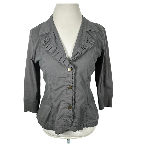 XCVI Gray Snap Up Jacket Twill Rib Stretch Panels Ruffle Trim Chic Comfy Size L - Picture 1 of 10